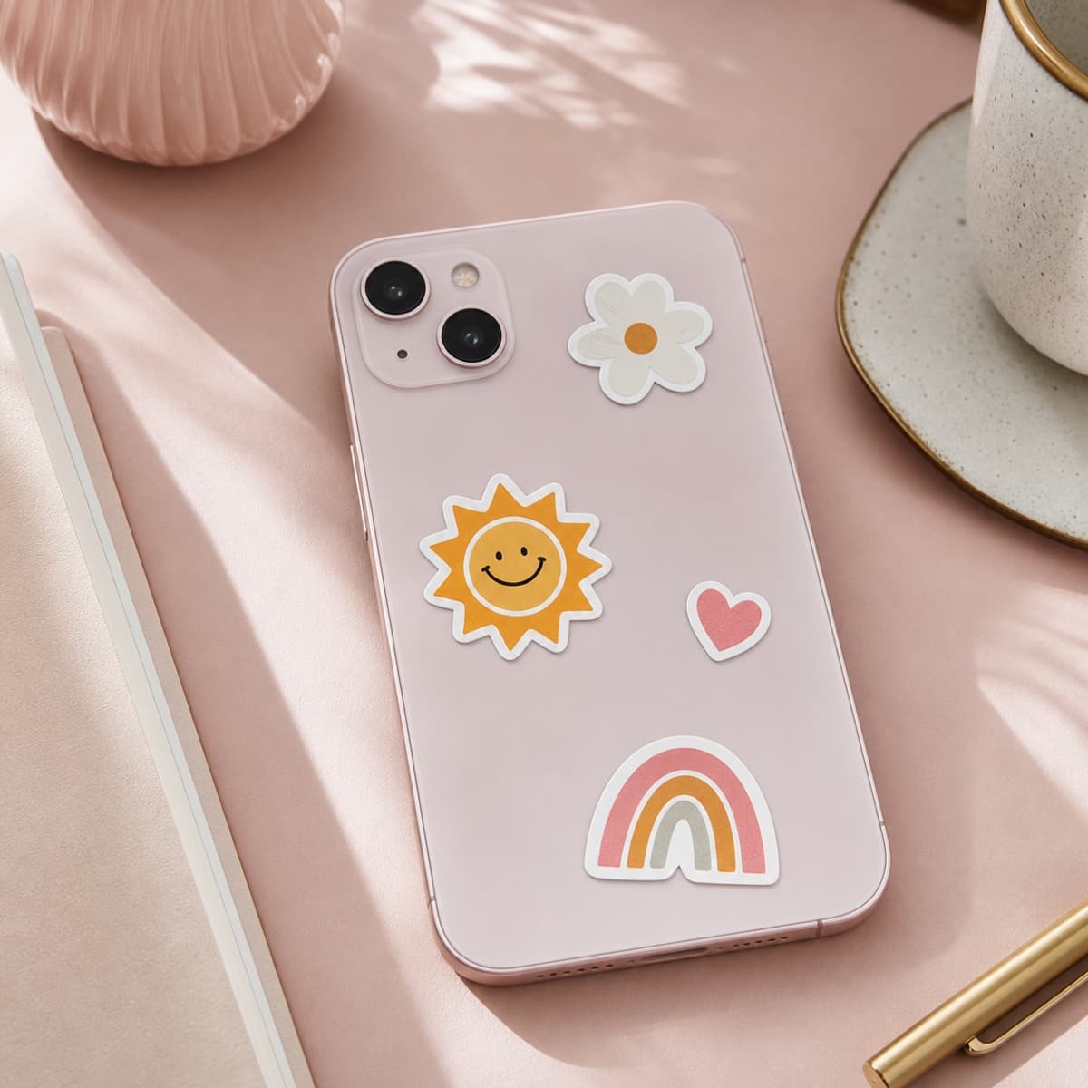Example of colourful die-cut stickers on a pastel phone